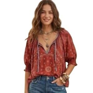 NATURAL LIFE Women’s Boho Burgundy Bandana Print Split Neck Top